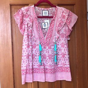 $218 Bell Women's Pink Kiara Floral Flutter-Sleeve Cotton Silk Top Size L/8